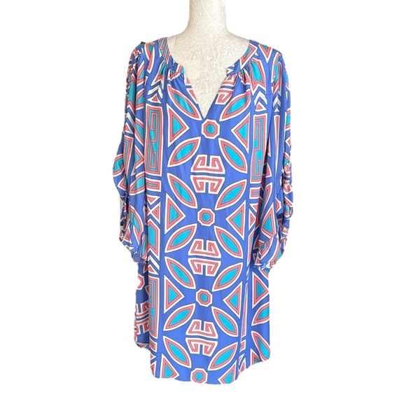 LN Alice & Trixie Silk Blue Geometric Print Ruffle Sleeve Tunic Mini Dress - L - Picture 11 of 11